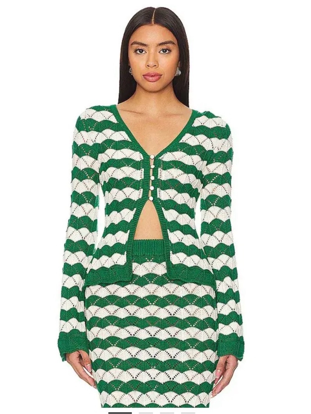 Misa Los Angeles Green and Cream Knit Skirt, Cardigan & Bralette Set - Picture 2 of 14